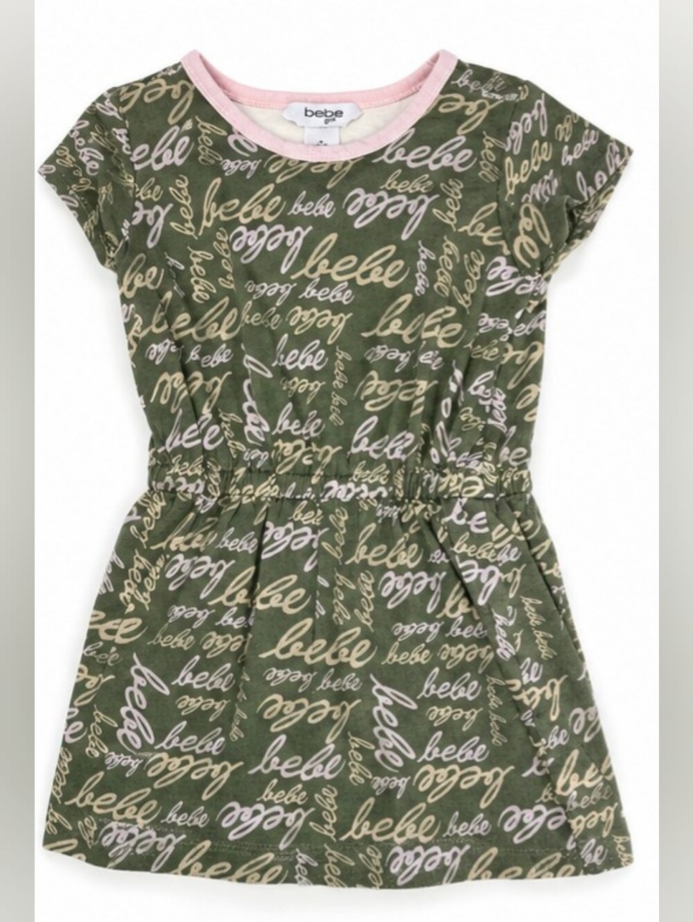 Bebe Girls Olive Green Logo Print Short Sleeve Dress Size 2T